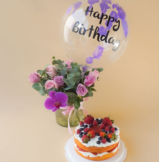 envia flores con pastel y globo