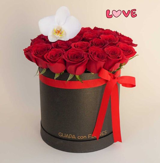 Classic Love - Caja alta con rosas rojas y orquídea 14 de Febrero